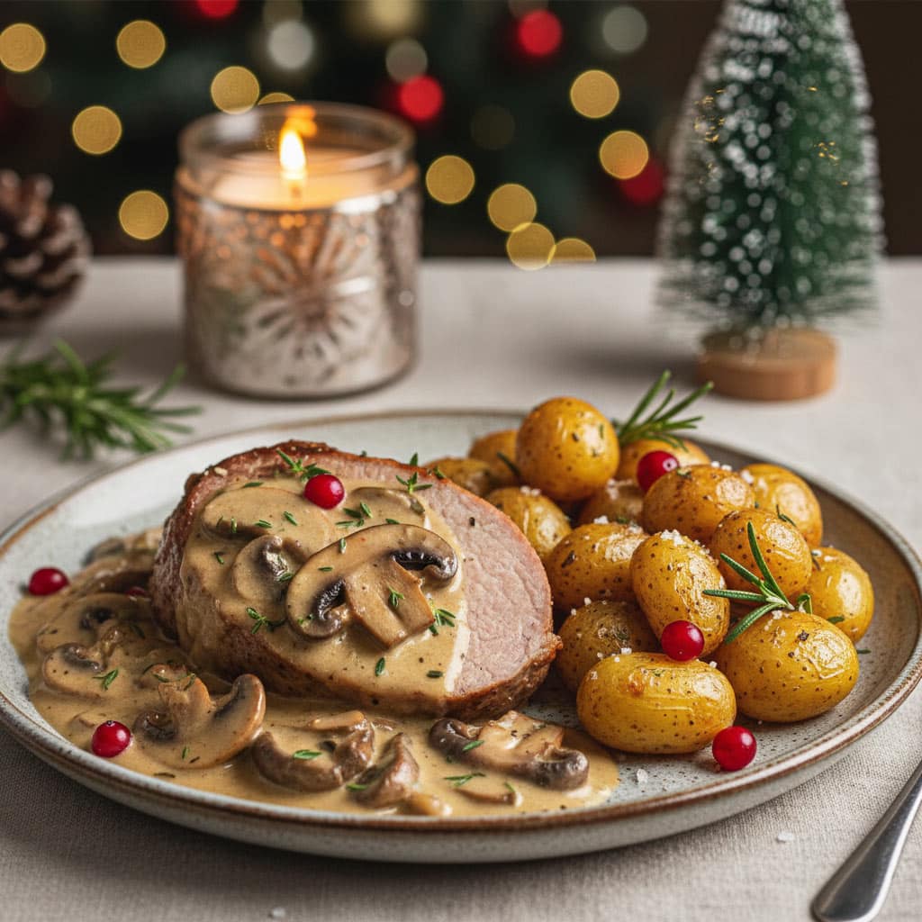 Filet mignon de porc sauce crémeuse aux champignons et au thym